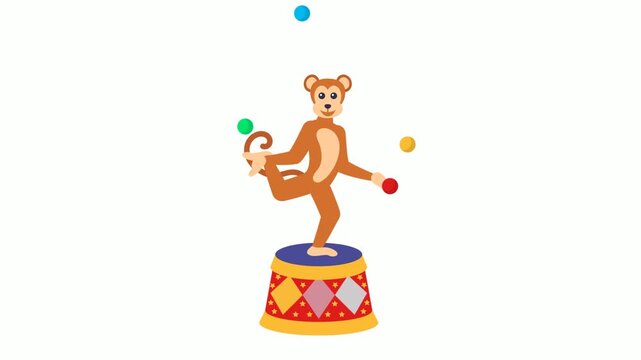 Monkey Juggling Colorful Balls on a Podium animation, Juggler chimpanzee with RGB Lights animated video, circus artist  Street Mime performer footage, Carnie troupe Clip