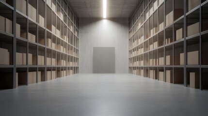 3D render of a modern warehousing facility with shelves stacked high with boxes, organized and efficient storage system, bright lighting, isolated on white background, copy space