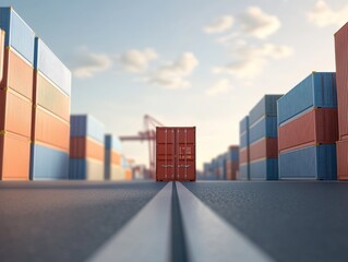 Fototapeta premium 3D render of a bustling trade port with containers being loaded and unloaded