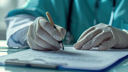 A high-resolution medical documentation photo showing a surgeon carefully documenting a surgical procedure, highlighting the importance of accurate and detailed record-keeping in medical practice,