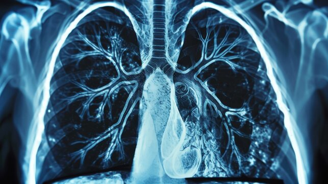 An impressive CT scan image showing a detailed view of the chest cavity, highlighting the lungs and heart, ideal for diagnosing respiratory and cardiac conditions, with high-resolution clarity and