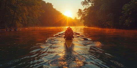Rowing Crew at Sunrise on a Misty River