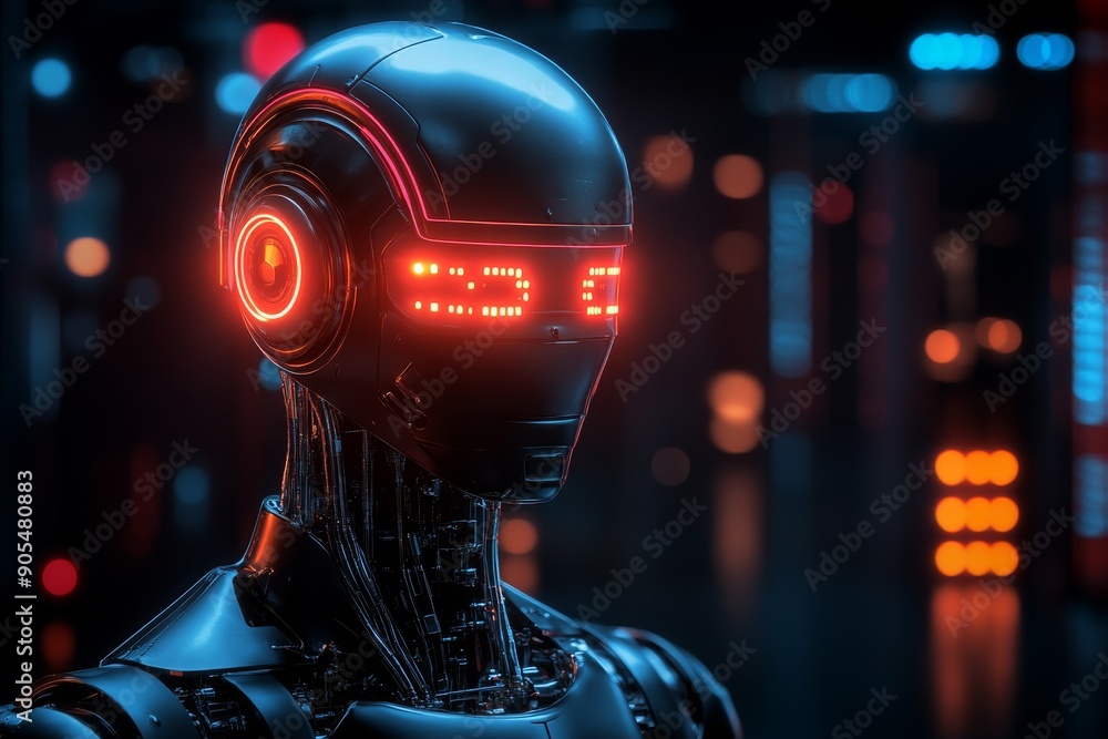 Poster cybernetic head with a focused gaze exploring artificial intelligence and the future of humanoid rob
