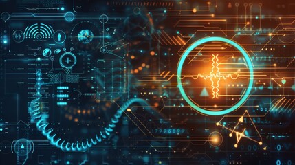 An abstract background featuring a blend of medical icons, including a stethoscope, DNA strands, and a heartbeat monitor, set against a high-tech digital interface, symbolizing the convergence of