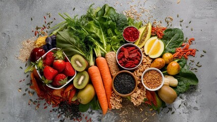 Fresh vegetables and herbs on a wooden background