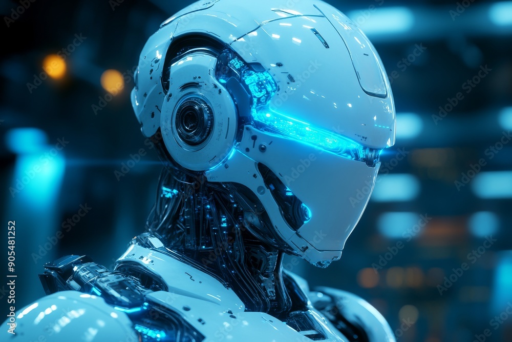 Poster robotic torso illuminated with vibrant lights showcasing internal mechanisms and cybernetic enhancem