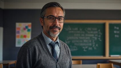 Portrait of teacher with blackboard in background