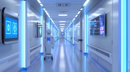 A futuristic hospital corridor with advanced digital signage and robotic assistants, illustrating the impact of technology on improving patient care and the efficiency of healthcare facilities