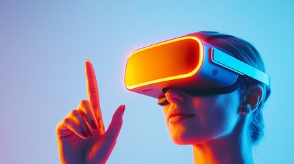 Excited woman wearing virtual reality headset, exploring digital worlds with neon lighting, showcasing immersive technology experience.