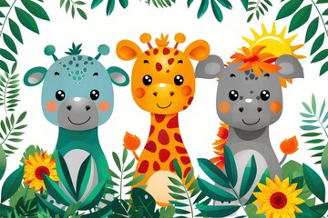Fototapeta premium Cute Cartoon Giraffe, Elephant and Rhinoceros in Jungle Setting