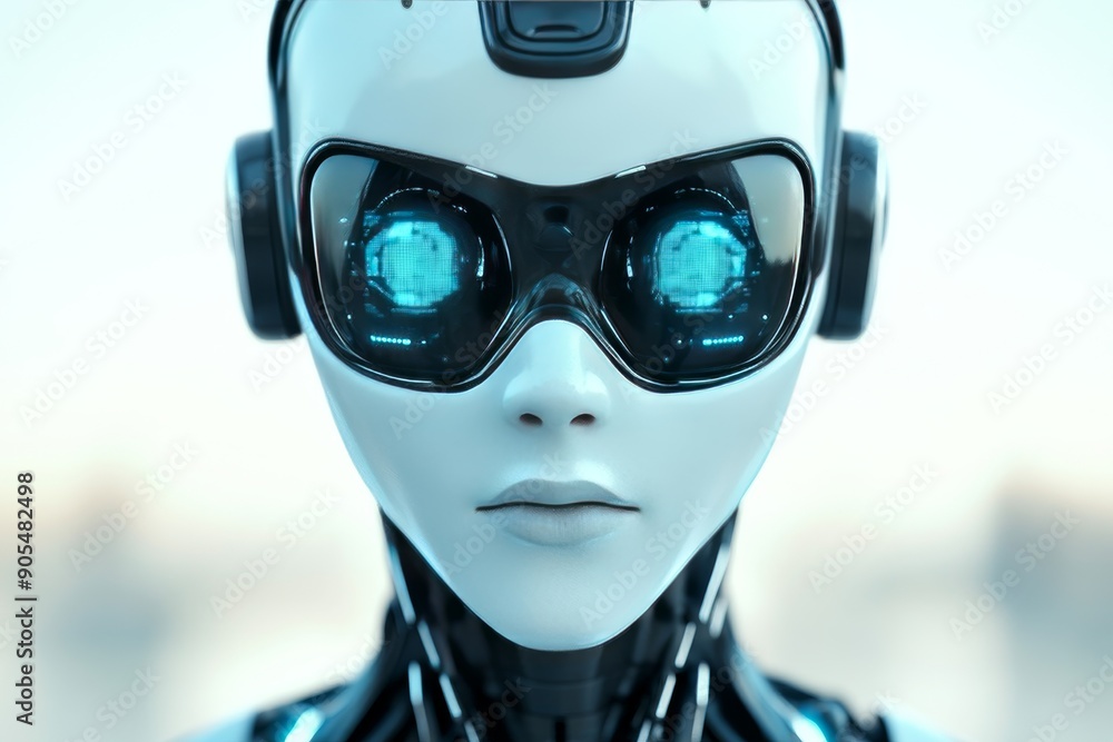 Poster futuristic robotic face with enhanced sensory goggles depicting advanced surveillance and data analy