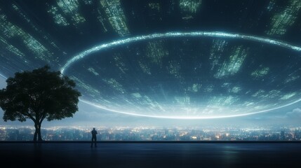 A lone figure gazes up at a giant glowing ring hovering over a city.  The scene evokes a sense of wonder and anticipation.