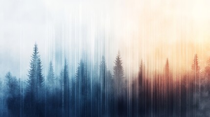 Abstract forest landscape with blurred trees and colorful light rays.