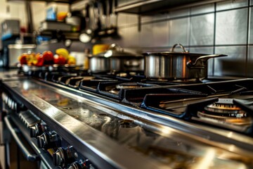 Naklejka premium Kitchen Equipment: Chrome Gas-Stove and Oven on Work Surface in Indoor Kitchen Setting