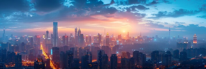 Obraz premium Panoramic City Skyline at Dusk, Towering Skyscrapers Below Bustling Streets Bathed in the Soft Hue of Twilight