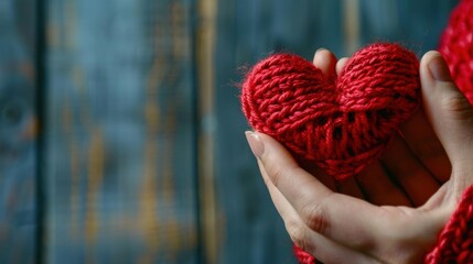 Fototapeta premium Knitting Love and Care. Woman Hand-Knitting Red Heart as Charity Gift for Loved One