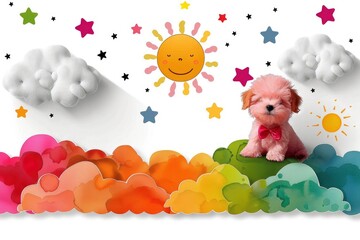 Obraz premium Cute Puppy on a Cloud with Rainbow Colors