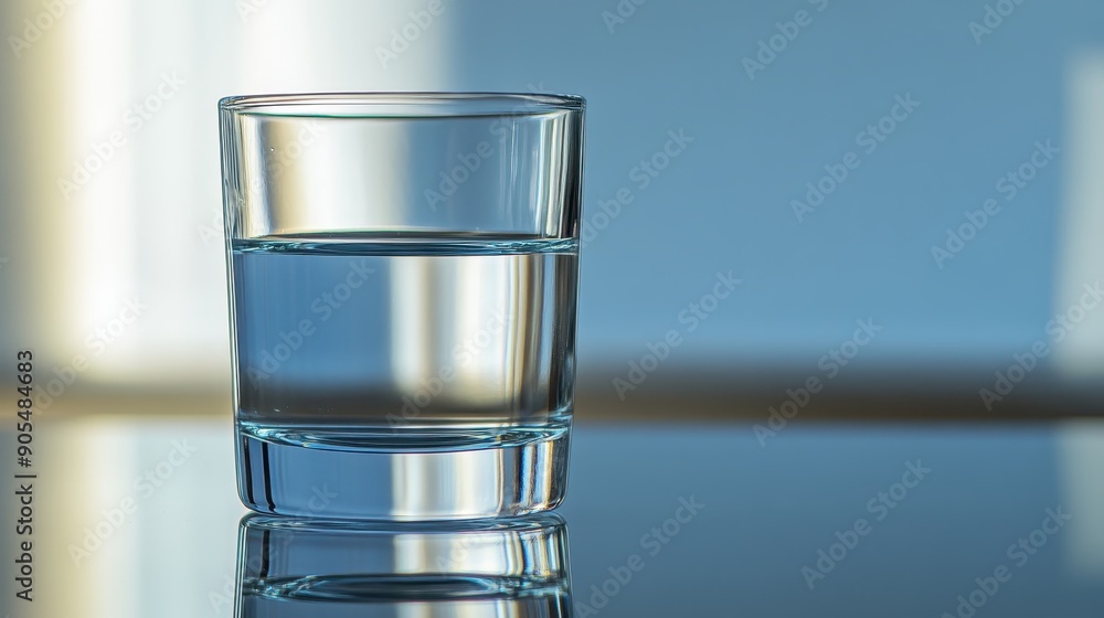 Poster clear glass of water, with a reflection on a glossy surface, set against a blurred blue background w