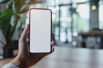 Hand holding smartphone with white screen mockup on background at work in the office at the table background