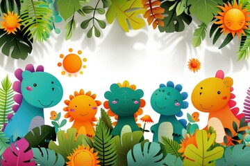 Fototapeta premium Cute Cartoon Dinosaurs in a Tropical Jungle with Sun