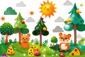 Cute Cartoon Animals in a Forest with Sun and Cheese