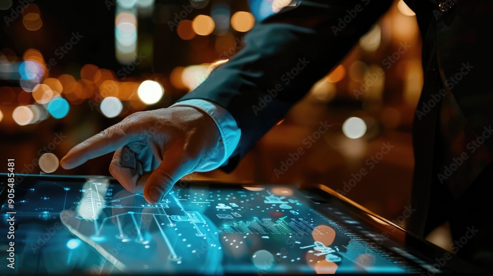 Poster businessman searching internet data on computer touch screen