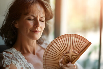"Cooling Relief: Woman Using Hand Fan During Hot Flash"