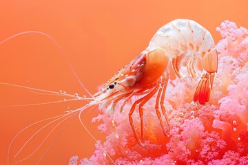 Levitating Shrimp Pieces Against Coral Background - Professional Studio Photography