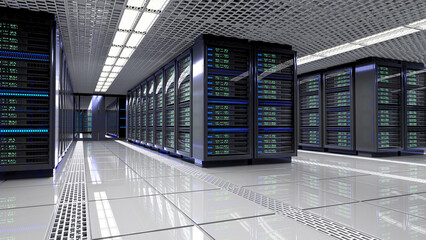 Data center server room interior. 3d illustration