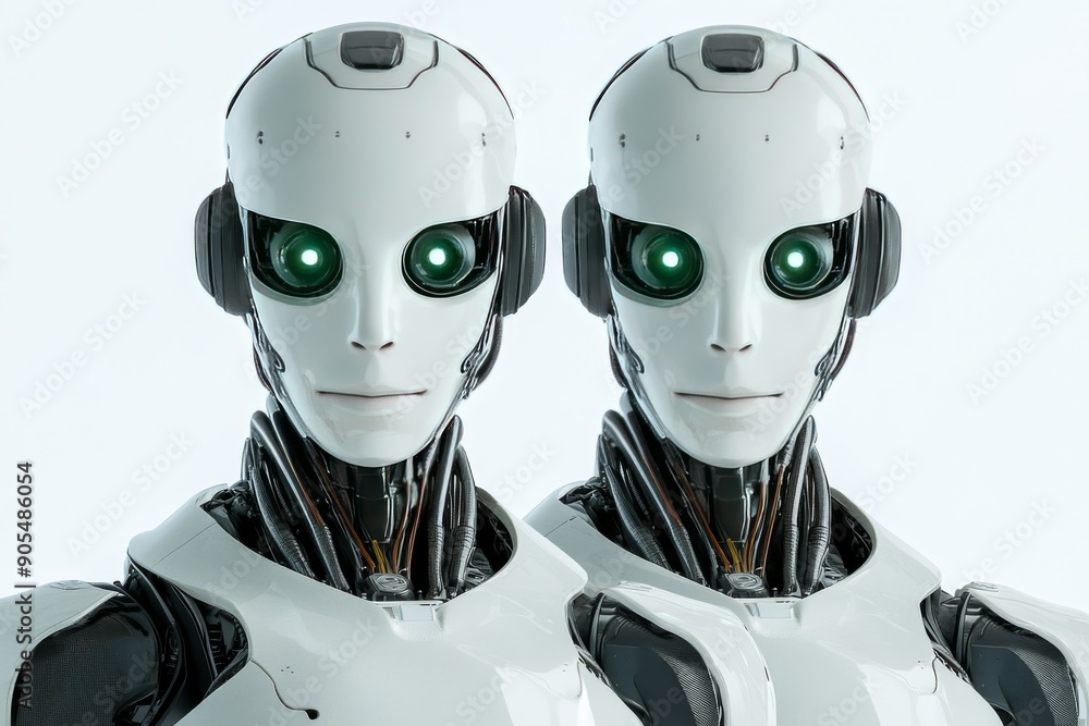 Aufkleber pair of humanoid robotic heads with green glowing eyes exploring themes of duality and artificial in