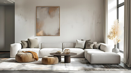 Fototapeta premium A modern living room with a white sectional sofa, plush ottomans, and a sleek coffee table. The space is bathed in natural light streaming through a large window, creating a bright and airy atmosphere