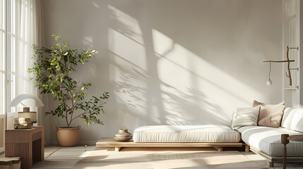 A minimalist living room with a large window letting in natural light that creates beautiful shadows on the wall. The room is decorated in a neutral color scheme with a white sofa and a wooden coffee 