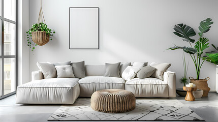 A modern living room with a large white sectional sofa, a wicker ottoman, and a large potted plant in the corner. The room is decorated in a minimalist style with a black framed picture on the wall an