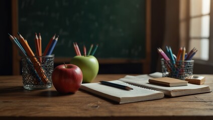 Teacher's desk with writing materials, a book and an apple, a blank for text or a background for a school theme. Copy space