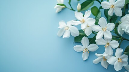 A serene display of white jasmine flowers against an abstract light blue backdrop, leaving plenty of space for advertising messages and branding.