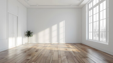 Obraz premium A bright, empty room with white walls, a large window with natural light, and hardwood floors. A small potted plant adds a touch of life to the space.