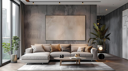A modern living room with a large sectional sofa, a coffee table, and a plant in the corner. The walls are a light grey color, and there is a large painting on the wall behind the sofa. The room is we