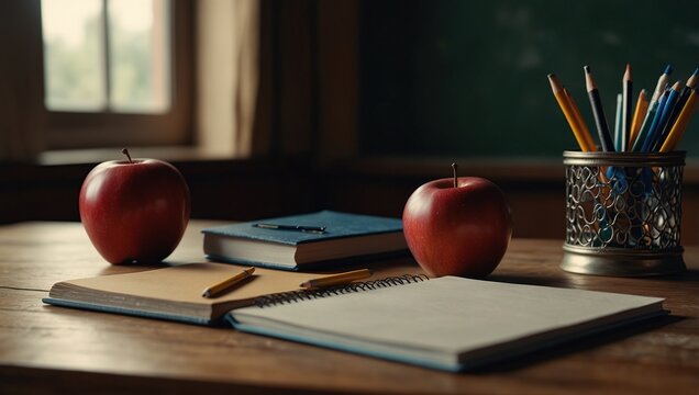 Teacher's desk with writing materials, a book and an apple, a blank for text or a background for a school theme. Copy space
