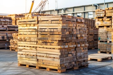 Pallets of new pressure impregnated wood in warehouse marketplace construction wood