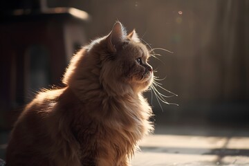 Fluffy orange cat basking in warm sunlight, exuding a serene and peaceful vibe.
