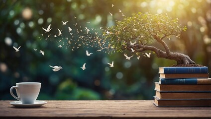 The concept of education by planting knowledge trees and birds flying to the future to open old books in the library, beautiful blurred background