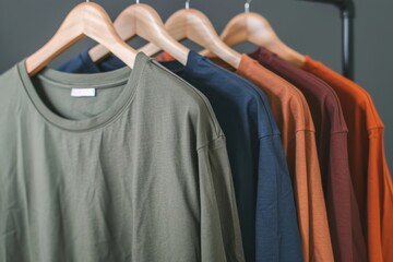 Obraz premium plain t-shirts of different colors hang on a hanger