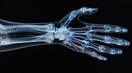 Naklejka premium A high-definition X-ray of a human hand, showing the intricate details of bones, joints, and soft tissues, with a contrasting black background to enhance the visibility of the skeletal structures,