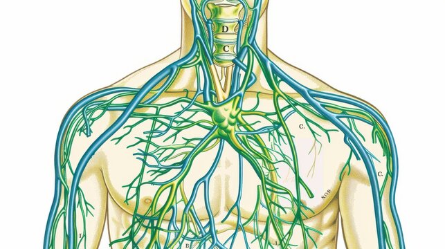 A detailed illustration of the lymphatic drainage system, showing the connections between the lymph vessels and nodes, with labels and color-coding to illustrate their role in fluid balance and