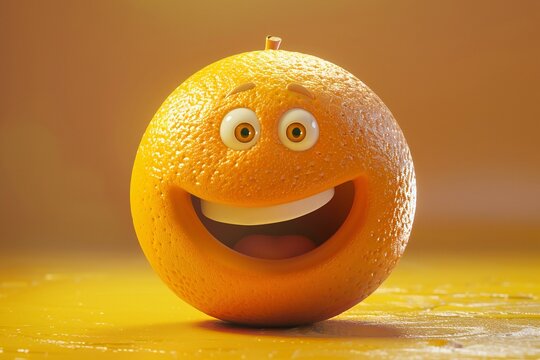 Smiling orange cartoon character in 3D style, with a textured orange peel and cheerful expression , generated by ai