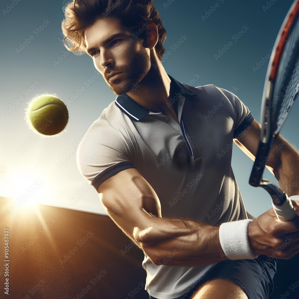 Canvas Prints Male tennis player with forehand racquet swing hitting ball.