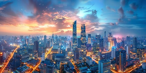 Fototapeta premium Panoramic City Skyline at Dusk, Towering Skyscrapers Below Bustling Streets Bathed in the Soft Hue of Twilight