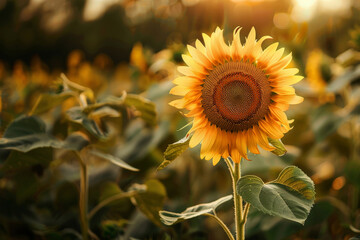 Naklejka premium Sunflower in Full Bloom Against a Warm Sunset Background in a Summer Field