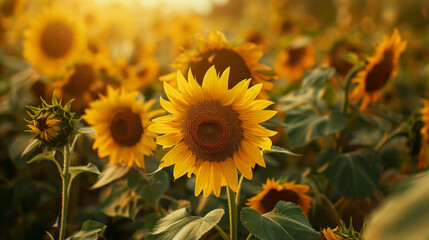 Obraz premium Sunflower in Full Bloom Against a Warm Sunset Background in a Summer Field