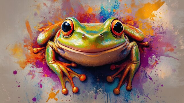 Smiley face of a frog with colorful oil painting style splashes, creating a whimsical and cheerful image.